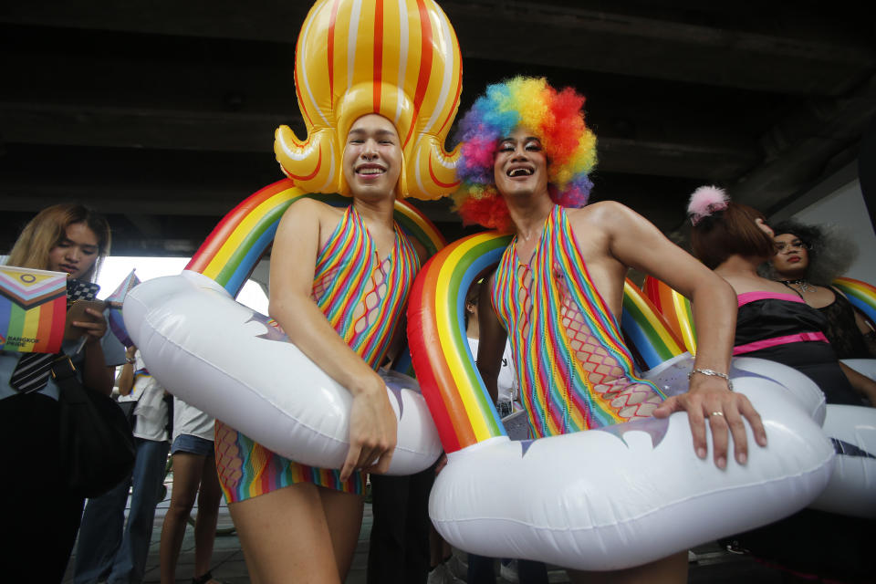 People ta. Various groups of LGBTQ gathered at central of Bangkok for the pride parade rally on June 4, 2023, dressed in colorful costumes and demanding for gender issues such as gender equality, gender rights on LGBTQs, sex worker rights, same sex marriage, etc. all year long. (Photo by Chaiwat Subprasom/NurPhoto via Getty Images)