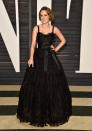 <p>Rather than a sickly sweet pastel pink ballgown, Larson donned a black frock for the Vanity Fair Oscars party last year. <i>[Photo: Getty]</i></p>