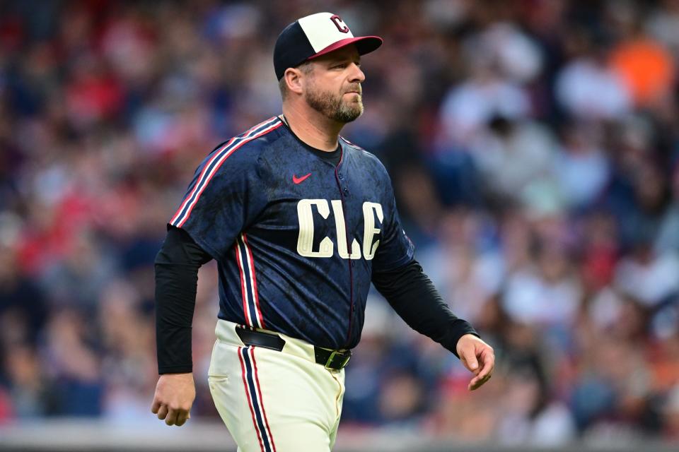 Guardians manager Stephen Vogt walks back to the dugout after relieving starting pitcher Tanner Bibee during the seventh inning against the Washington Nationals, May 31, 2024, in Cleveland.