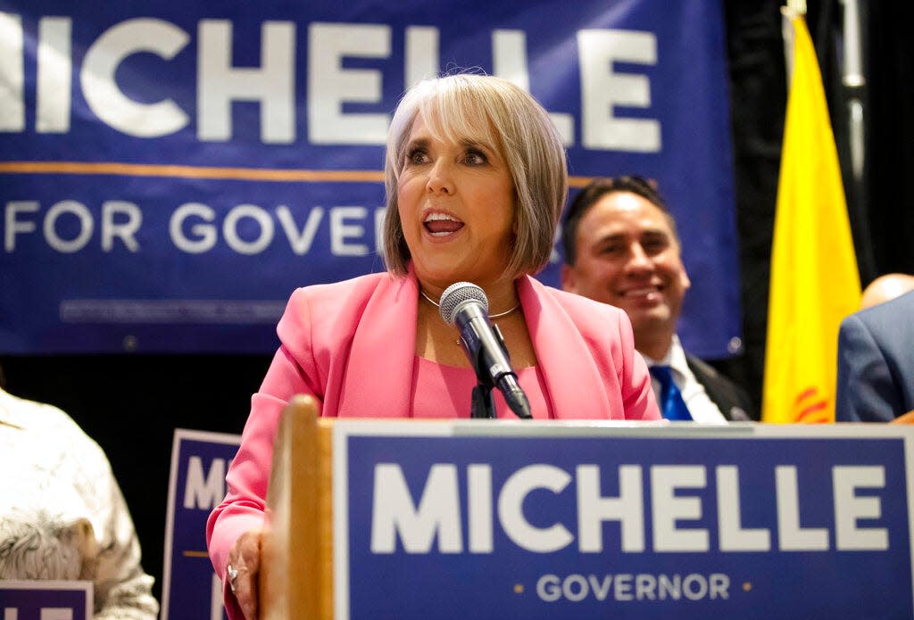 Re-elected New Mexico Gov. Michelle Lujan Grisham speaks to supporters during the celebration party in Albuquerque, N.M., Tuesday, Nov. 8, 2022.