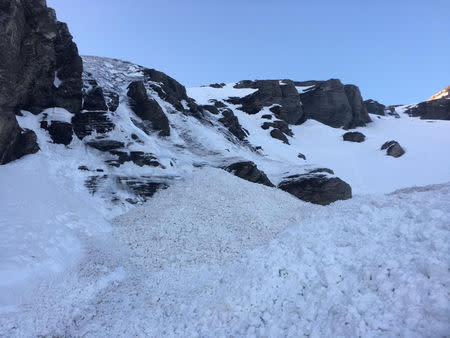 The site of an avalanche is pictured in Crans-Montana, Switzerland, February 19, 2019. Police Cantonale Valaisanne/Handout via REUTERS