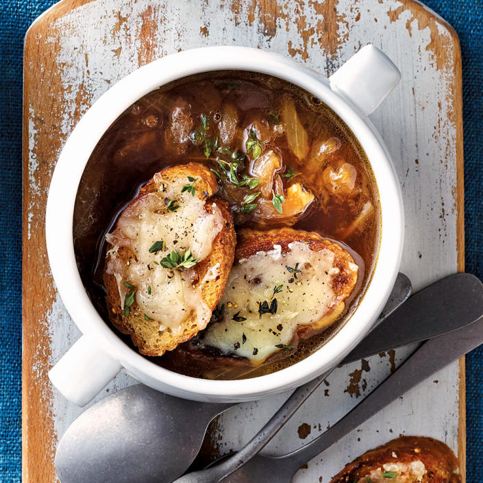 <p>Fans of French onion soup who love it for its caramelized onions, beefy broth and cheesy toast topping won't be disappointed with this recipe, which offers all those elements plus a hands-on time of only 20 minutes. <a href="https://www.eatingwell.com/recipe/275356/slow-cooker-french-onion-soup-with-gruyere-toasts/" rel="nofollow noopener" target="_blank" data-ylk="slk:View Recipe" class="link ">View Recipe</a></p>
