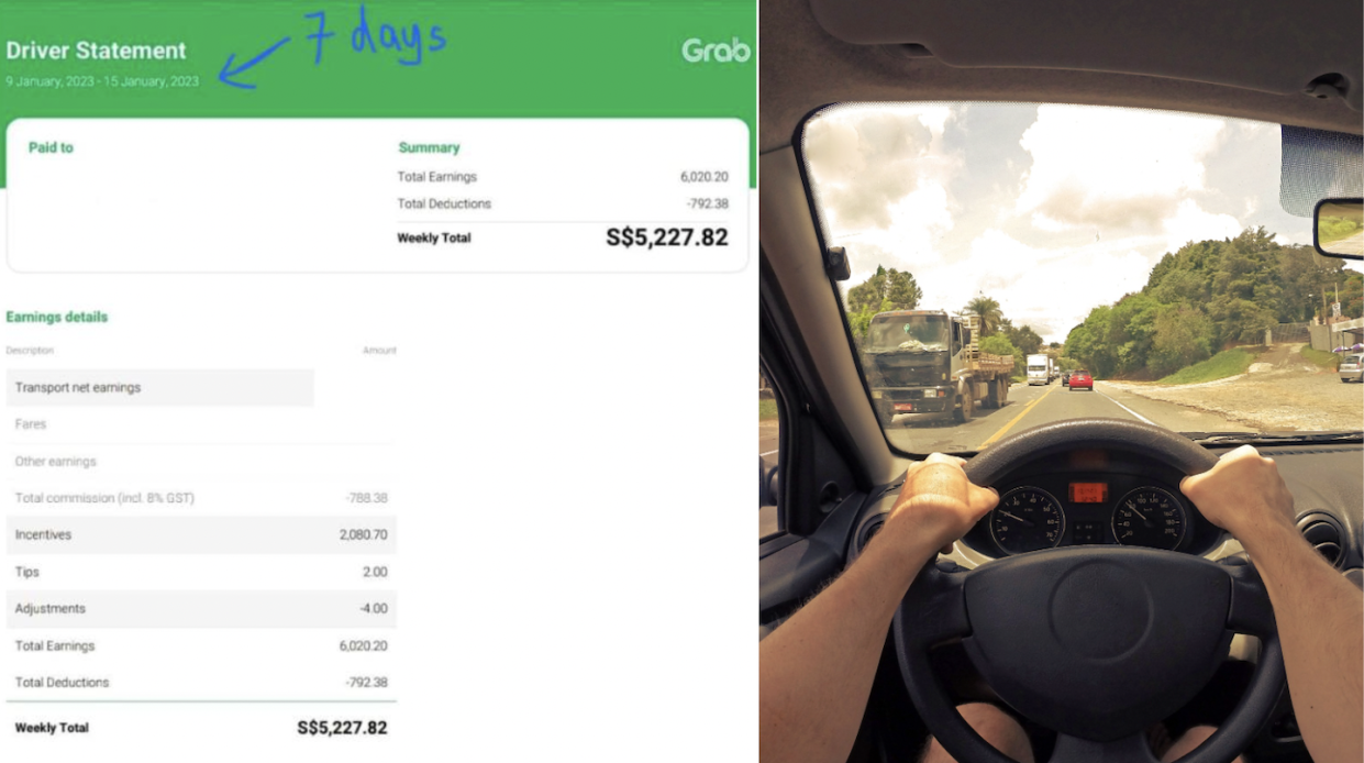 Screenshot of Grab driver statement (left) and point-of-view photo of driver on road (Photos: Beh Chia Lor - Singapore Road/Facebook and Getty Images)