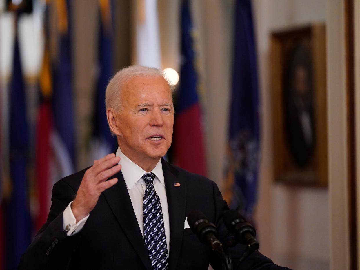 <p>US President Joe Biden delivers a nationally televised address to the nation on the one-year anniversary of the Covid-19 pandemic shutdown</p> (EPA)