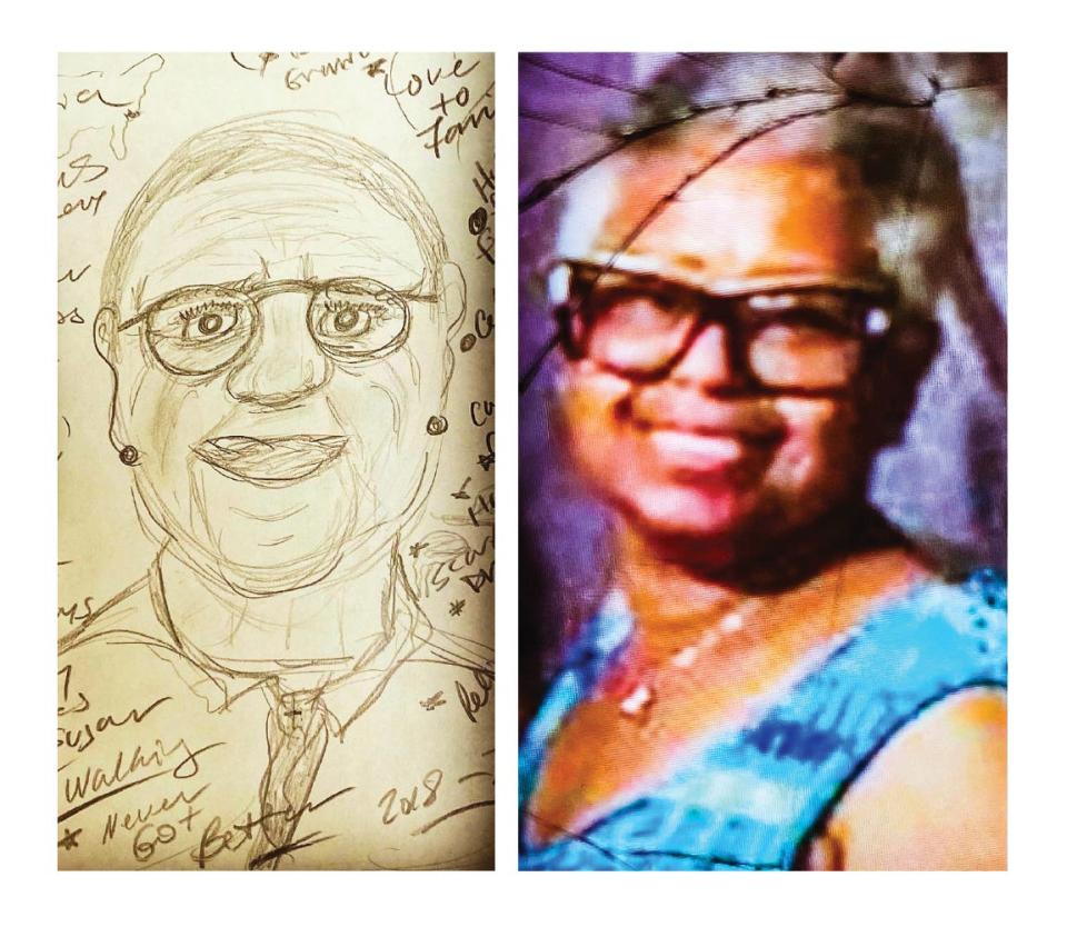 An example of Richard Moschella’s spirit art, where he uses his mediumship abilities to draw the essence of the communicator followed by an actual photo of the person he contacted.