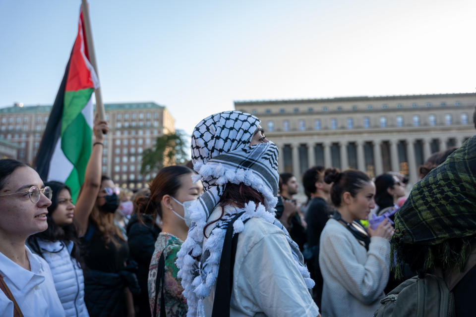 Columbia University students participate in a rally in support of Palestine in New York City on Oct. 12 while a counter rally in support of Israel was also held by students across the lawn. (Spencer Platt/Getty Images)