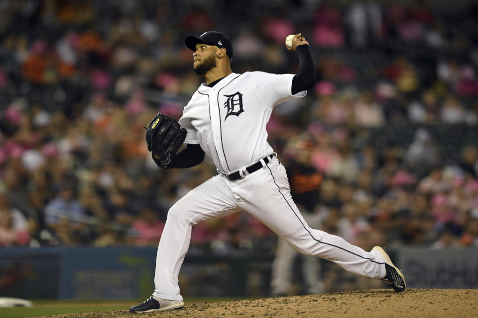 Detroit Tigers starting pitcher Eduardo Rodriguez throws to a Baltimore Orioles batter during the seventh inning of a baseball game Friday, May 13, 2022, in Detroit. (AP Photo/Jose Juarez)