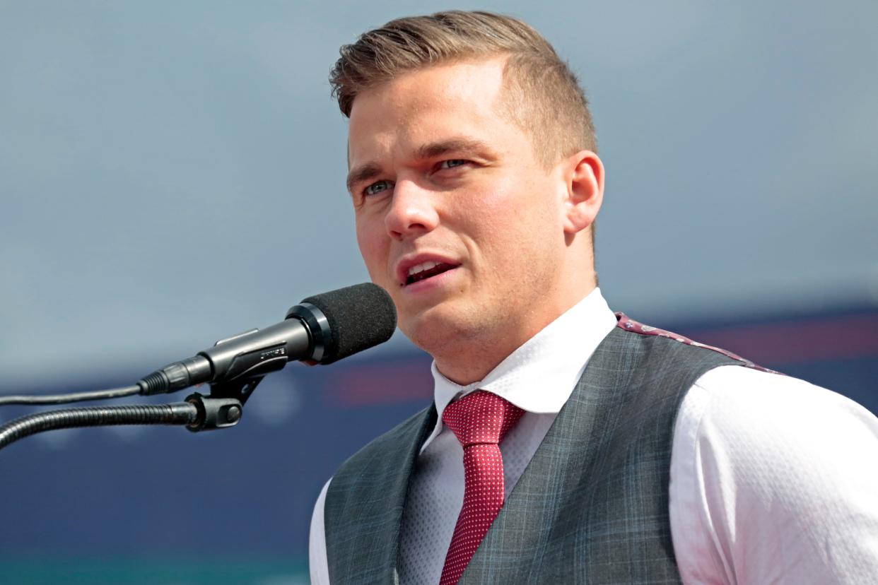 Rep. Madison Cawthorn, R-N.C., speaks to the crowd at a rally, April 9, 2022, in Selma, N.C.