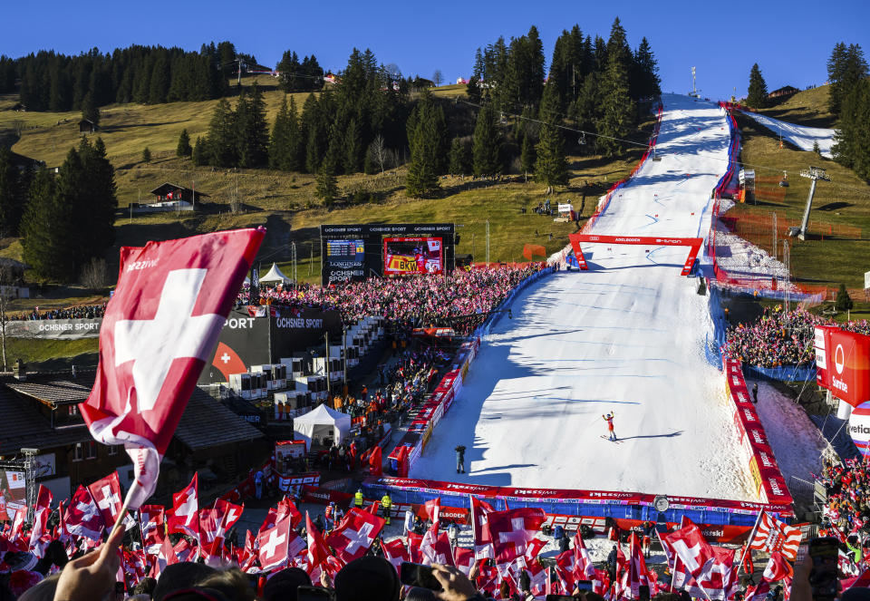 Marco Odermatt of Switzerland reacts in the finish area during the first run of the men's giant slalom race at the Alpine Skiing FIS Ski World Cup in Adelboden, Switzerland, Saturday, Jan. 7, 2023. (Jean-Christophe Bott/Keystone via AP)