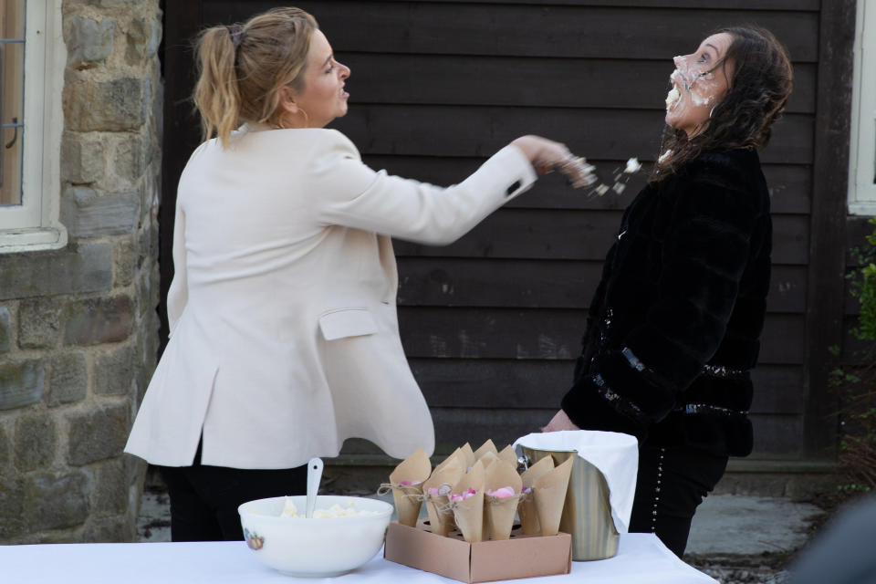 FROM ITV

STRICT EMBARGO
Print media - No Use Before Tuesday 1st March 2022
Online Media - No Use Before 0700hrs Tuesday 1st March 2022

Emmerdale - Ep 9307

Thursday 10th March 2022 - 1st Ep

things reach new heights when Charity Dingle [EMMA ATKINS] rubs Lydiaâ€™s homemade potato salad in Chas Dingleâ€™s [LUCY PARGETER] faceâ€¦. 

Picture contact - David.crook@itv.com

Photographer - Mark Bruce

This photograph is (C) ITV Plc and can only be reproduced for editorial purposes directly in connection with the programme or event mentioned above, or ITV plc. Once made available by ITV plc Picture Desk, this photograph can be reproduced once only up until the transmission [TX] date and no reproduction fee will be charged. Any subsequent usage may incur a fee. This photograph must not be manipulated [excluding basic cropping] in a manner which alters the visual appearance of the person photographed deemed detrimental or inappropriate by ITV plc Picture Desk. This photograph must not be syndicated to any other company, publication or website, or permanently archived, without the express written permission of ITV Picture Desk. Full Terms and conditions are available on  www.itv.com/presscentre/itvpictures/terms
