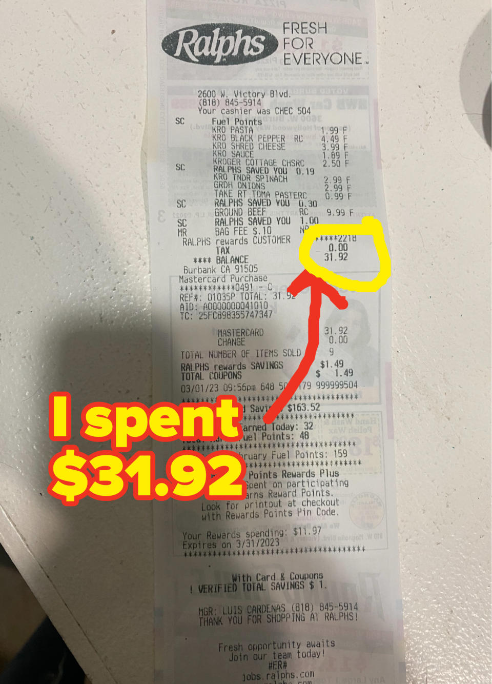 Krista's receipt showing she spent $31.92