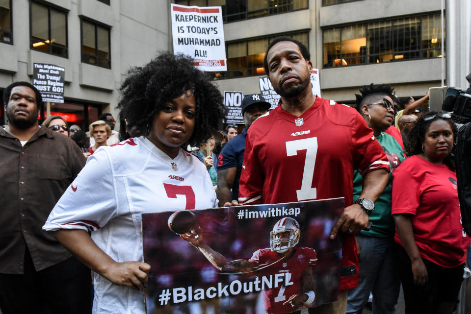 A protest outside NFL headquarters in New York in support of Colin Kaepernick on Aug. 23, 2017 (Reuters)