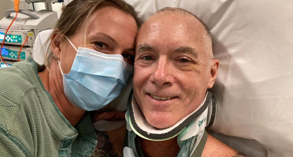 Dean Amos and wife Becky in hospital after Dean's surfing accident. 