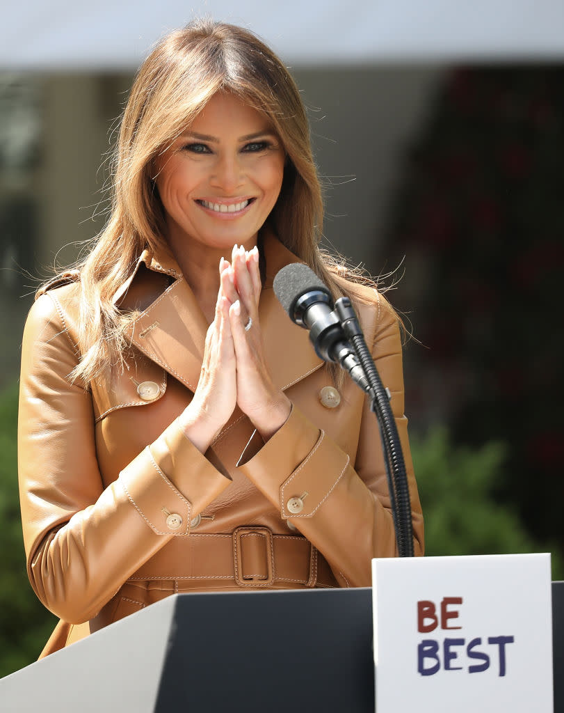 First lady Melania Trump speaks in the Rose Garden of the White House on May 7, 2018. (Photo: Win McNamee/Getty Images)