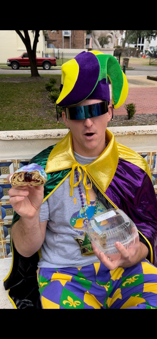 Self-proclaimed “King Cake King” Brendon Oldendorf tried 227 different types of King Cake this year. Escambia and Santa Rosa county bakeries claimed seven of them. Pictured is a king cake from Adonna's Garden St. Cafe