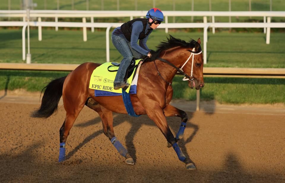 LOUISVILLE, KENTUCKY - APRIL 28: Epic Ride runs on the track during the morning training for the Kentucky Derby at Churchill Downs on April 28, 2024 in Louisville, Kentucky. (Photo by Andy Lyons/Getty Images)