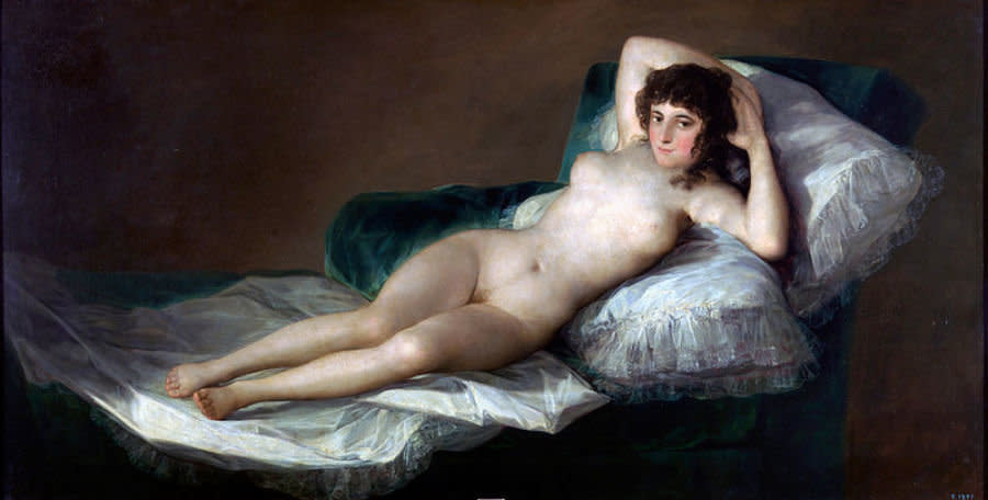 This circa 1800 painting will go down in history as "the first totally profane life-size female nude in Western art -- thought to be at least one of the first explicit depictions of female pubic hair. At the time of its creation, the Catholic Church banned the display of artistic nudes, so Goya's nude woman and its more modest counterpart, "The Clothed Maja," were never exhibited publicly during the artist's lifetime.