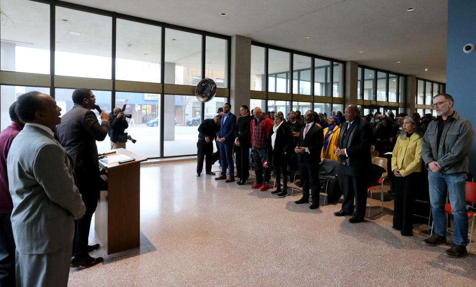 Elder Jacob Hughes of New Horizons Outreach Ministries leads the singing of “Lift Every Voice and Sing” in the lobby of the County-City Building Monday, Jan. 16, during Dr. Martin Luther King Jr. Day activities in South Bend.