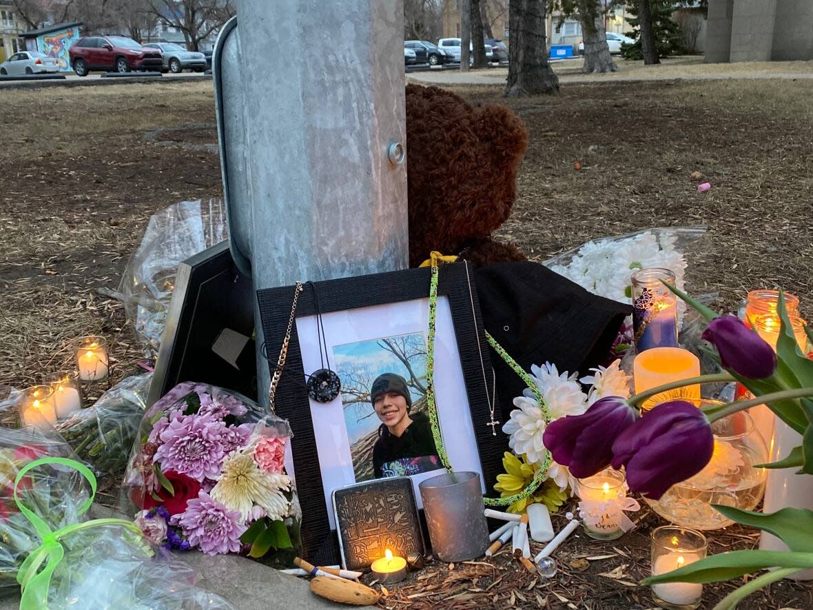 Dendrae Thunder Lonechild, 16, died last weekend after being hit by a car while walking in Regina's Cathedral neighbourhood. (Louise BigEagle/CBC  - image credit)