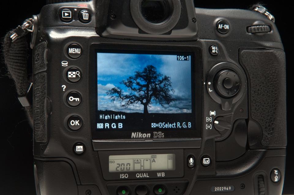 A Nikon D3s DSLR camera with an image on its 3