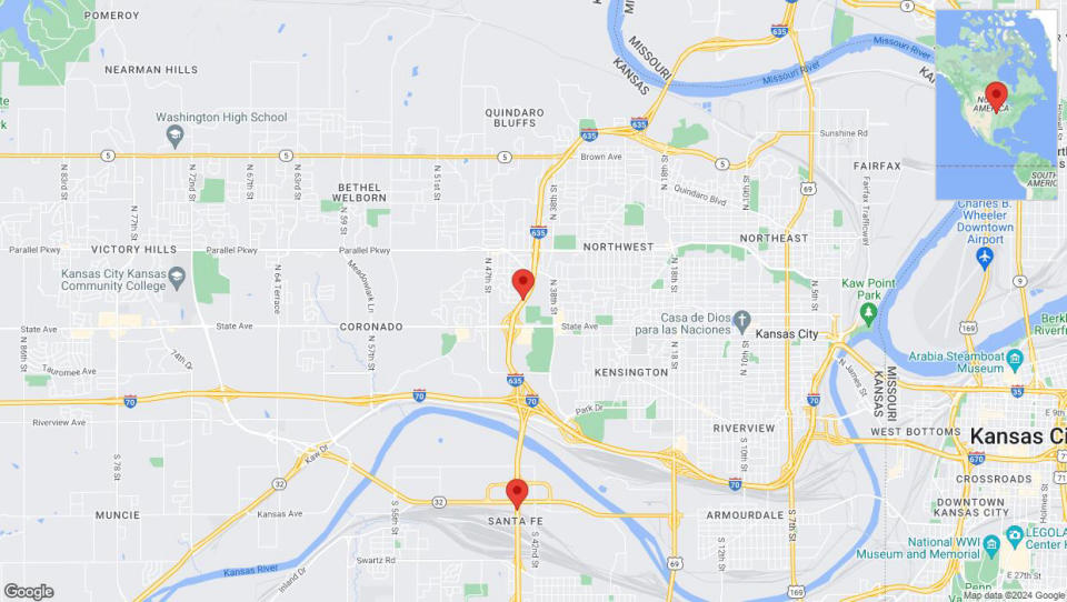 A detailed map that shows the affected road due to 'Lane on I-635 closed in Kansas City' on July 9th at 11:06 p.m.