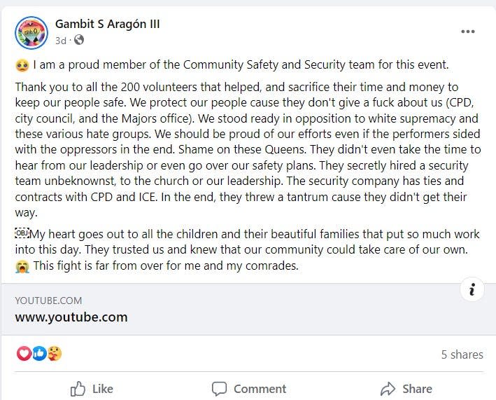 A post on the Facebook page for Civilian Police Review Board member Gambit Aragon III called Columbus police "oppressors" and criticized the desire to have officers provide security for an event.