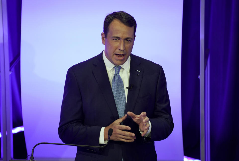 FILE - In this Oct. 1, 2020, file photo, Democratic challenger Cal Cunningham talks during during a televised debate with Sen. Thom Tillis, R-N.C., in Raleigh, N.C. (AP Photo/Gerry Broome, Pool)