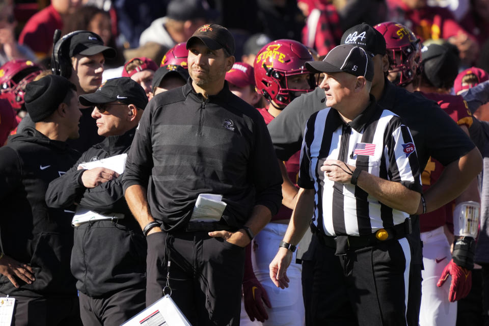 Iowa State head coach Matt Campbell watches from the sideline during the second half of an NCAA college football game against Oklahoma, Saturday, Oct. 29, 2022, in Ames, Iowa. Oklahoma won 27-13. (AP Photo/Charlie Neibergall)