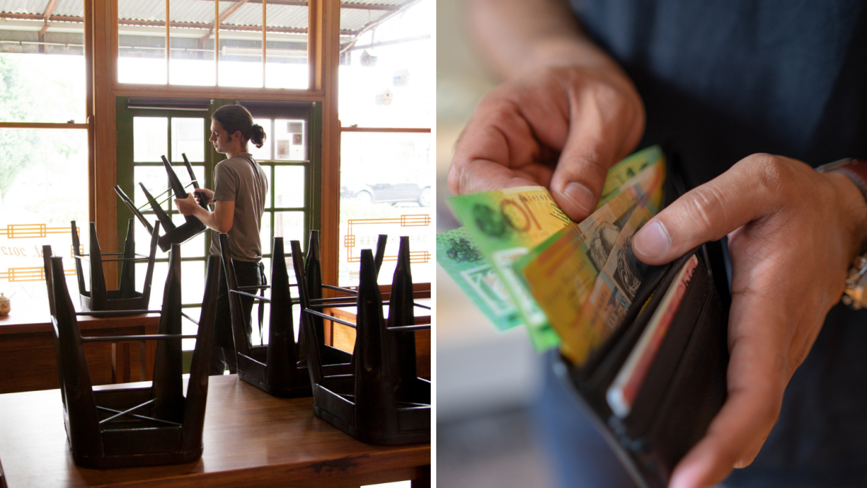 Young man stacks stools on tables in cafe, close image of hands holding Australian $100 notes and wallet. 