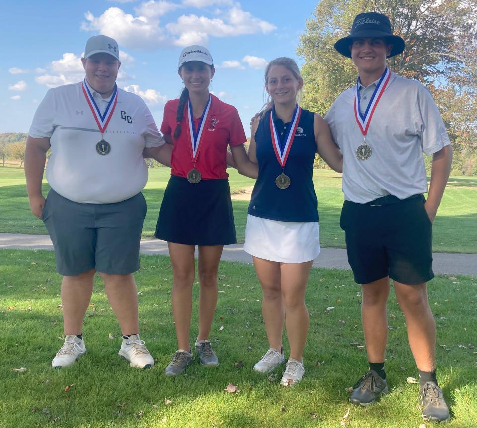 The two-day District 10 golf tournament concluded Oct. 3, 2023, at The Country Club of Meadville. The gold medalists for the 36-hole tournament were (left to right); Grove City's Isaac Allan for Class 2A boys; Hickory's Sasha Petrochko for 2A girls; McDowell's Alexis Marsh for Class 3A girls; and Warren's Braddock Damore for 3A boys.