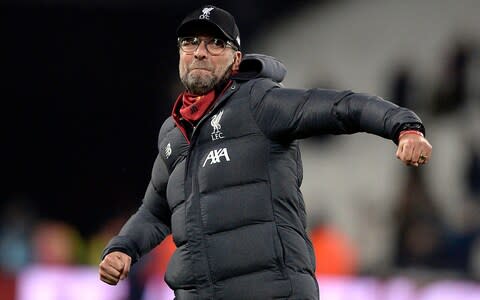 Liverpool's manager Juergen Klopp celebrates after the English Premier League soccer match between West Ham United and Liverpool FC - Credit: REX