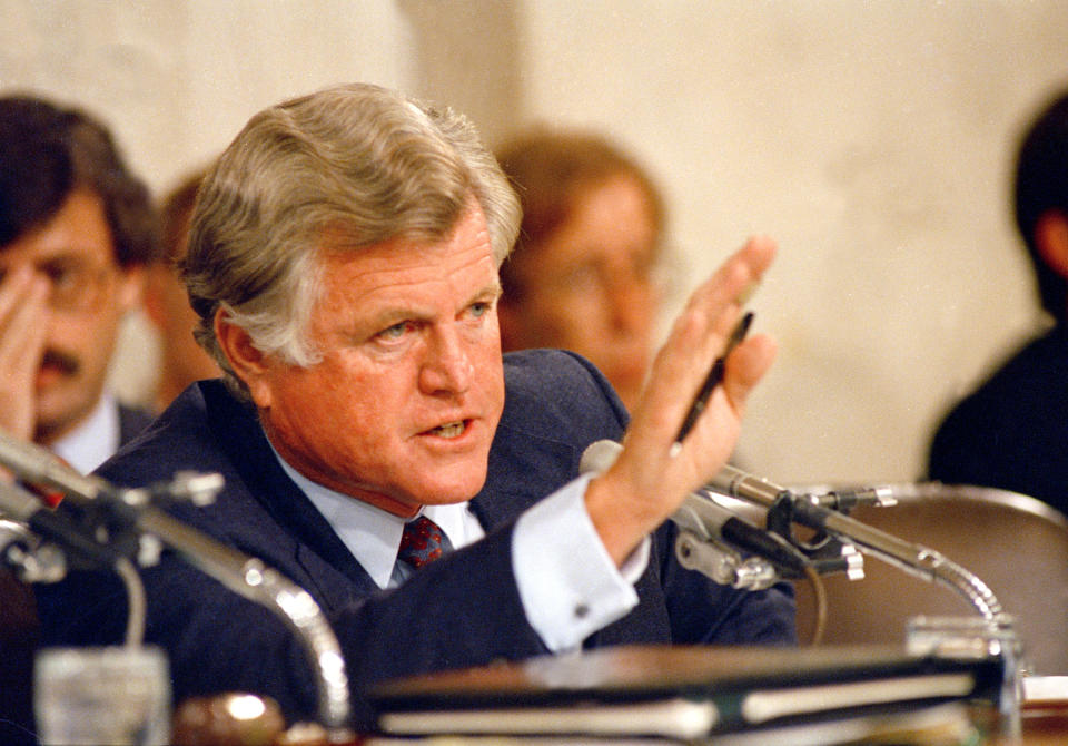Sen. Edward M. Kennedy (D-Mass.), questions Supreme Court nominee Robert Bork during Senate Judiciary confirmation hearings on Sept. 15, 1987. Kennedy accused Bork of being instinctively biased against claims of the average citizen. (Photo: John Duricka/AP)