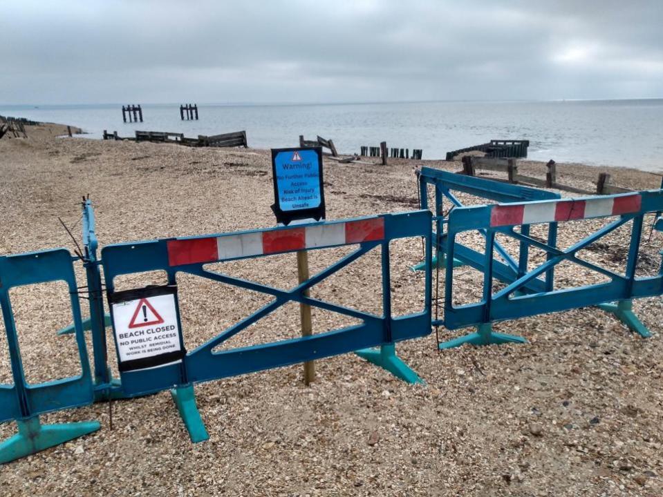 Daily Echo: D-Day structures at Lepe have been cordoned off after part of the foreshore was washed into the sea