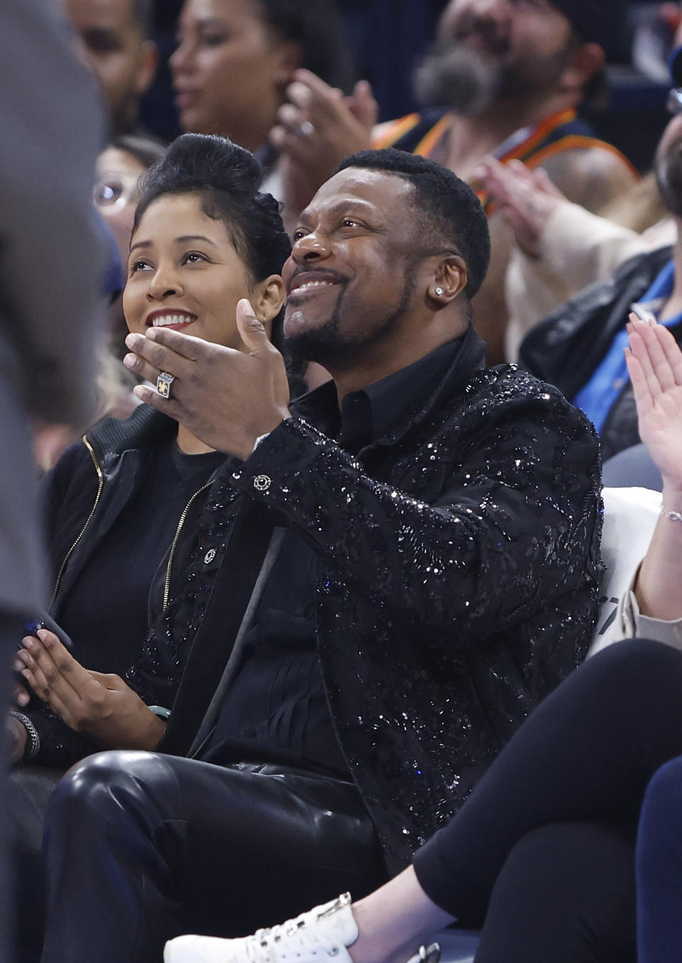 Nov 6, 2023; Oklahoma City, Oklahoma, USA; Actor and comedian Chris Tucker watches a game between the Atlanta Hawks and the Oklahoma City Thunder during the second quarter at Paycom Center. Mandatory Credit: Alonzo Adams-USA TODAY Sports