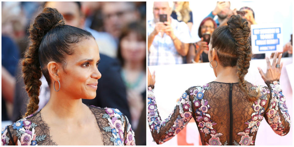 <p>The actress complemented her look with smoky eyes and a cute ponytail braid! <em>(TIFF 2017 Day 7, Sept. 13, ’17. Photo: Getty)</em> </p>