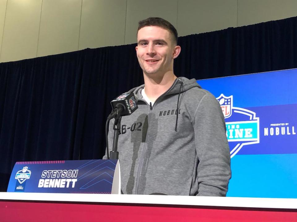 Former Georgia quarterback Stetson Bennett speaks to reporters on Friday March 3, 2023 in Indianapolis