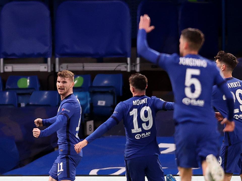 Timo Werner (left) nodded the ball into an open goal to put Chelsea ahead (Getty Images)