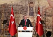 Turkish President Tayyip Erdogan talks to media members in Istanbul