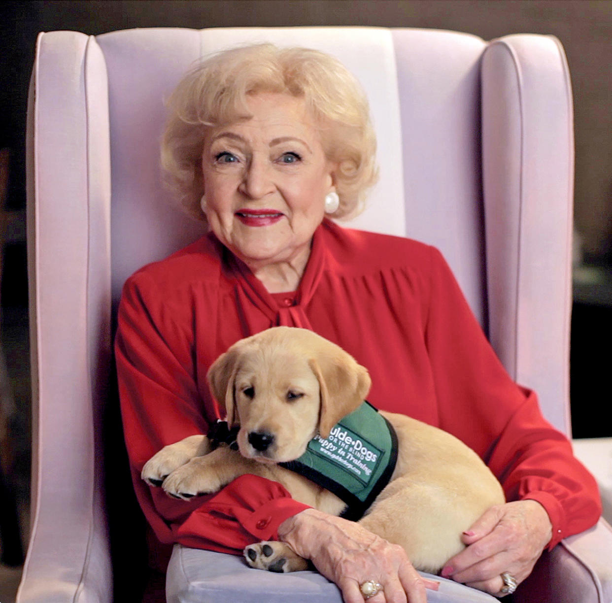 Betty White holds a guide dog puppy in training in a public service announcement for the nonprofit Guide Dogs for the Blind. “She’s used her voice for good, she really and truly has,” Christine Benninger, CEO and president of Guide Dogs for the Blind, told TODAY.  (Courtesy Guide Dogs for the Blind)