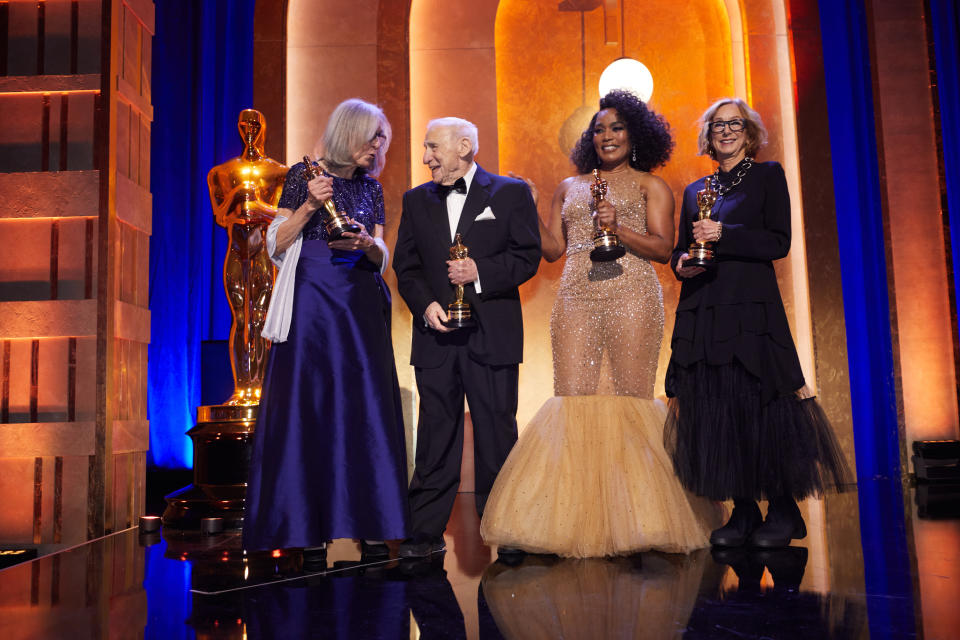Carol Littleton, Mel Brooks, Angela Bassett and Michelle Satter at the 14th Governors Awards in the Ray Dolby Ballroom at Ovation Hollywood on Tuesday, January 9, 2024