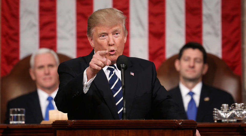 <p>President Donald Trump addresses a joint session of Congress on Capitol Hill in Washington, Tuesday, Feb. 28, 2017. Vice President Mike Pence and House Speaker Paul Ryan of Wis. listen. (Jim Lo Scalzo/Pool Image via AP) </p>