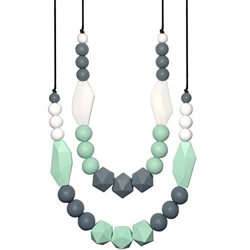 Baby Teething Necklace for Mom to Wear, 2 Pack Silicone Teething Necklace for Boys and Girls with Autism ADHD SPD, BPA Free/Freezable/Dishwasher and Refrigerator Safe