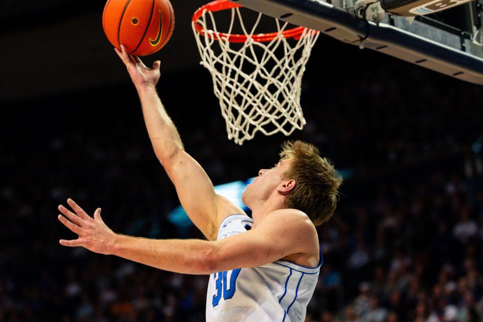 Brigham Young Cougars guard Dallin Hall (30) shoots the ball during a men’s college basketball game between Brigham Young University and Baylor University at the Marriott Center in Provo on Tuesday, Feb. 20, 2024. | Megan Nielsen, Deseret News