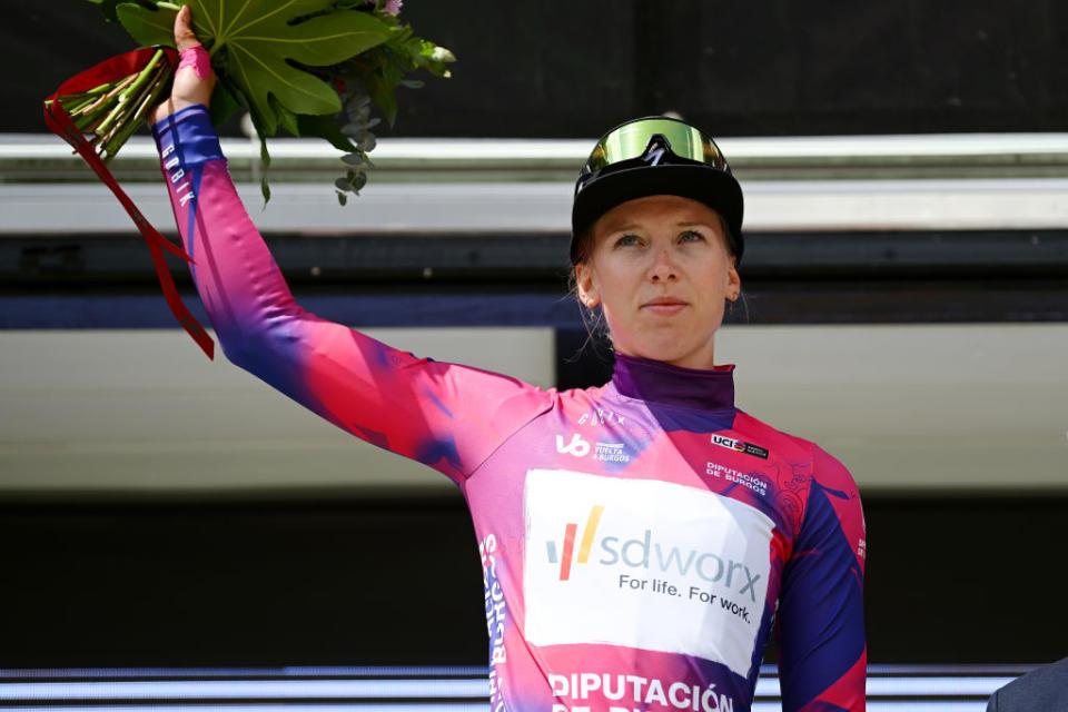 LERMA SPAIN  MAY 19 Lorena Wiebes of The Netherlands and Team SD Worx  Purple Leader Jersey celebrates at podium during the 8th Vuelta a Burgos Feminas 2023 Stage 2 a 1189km stage from Sotresgudo to Lerma  UCIWWT  on May 19 2023 in Lerma Spain Photo by Dario BelingheriGetty Images