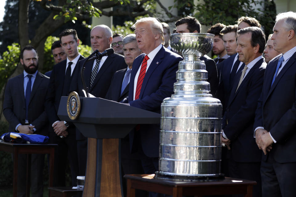 President Donald Trump speaks during an event to honor the 2019 Stanley Cup Champions, the St. Louis Blues hockey team in the Rose Garden of the White House, Tuesday, Oct. 15, 2019, in Washington. (AP Photo/Evan Vucci)