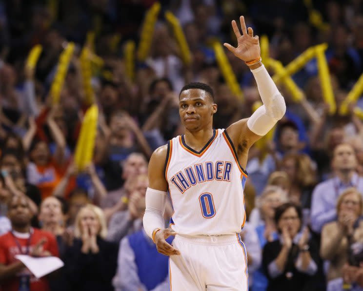 Russell Westbrook logged his record-tying assist and rebound on the same play. (AP)