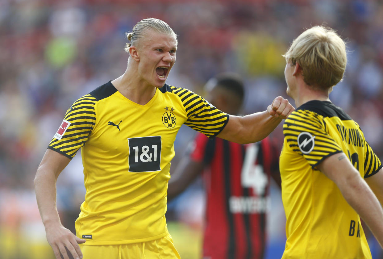 Borussia Dortmund's Erling Haaland scored on a penalty kick in the 77th minute to beat Bayer Leverkusen. (REUTERS/Thilo Schmuelgen)