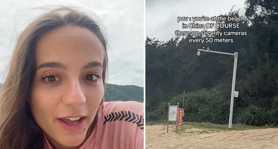 A la izquierda, la estudiante francesa Louise habla a la cámara con una camiseta rosa en Hainan.  A la derecha, imagen de una cámara CCTV en la playa china.