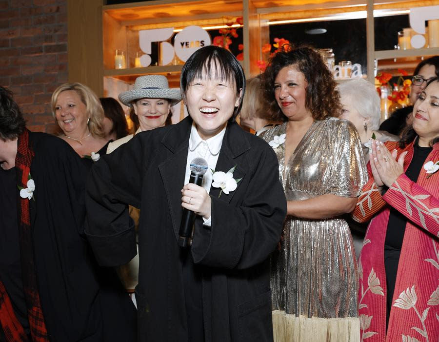 2024 Oscar nominee Celine Song (“Past Lives”) takes the mic at the 17th Annual WIF Oscar Nominees Party, presented by Max Mara, with support by major sponsor Shivhans Pictures and champion sponsor Johnnie Walker at Catch Steak in Los Angeles. (Stefanie Keenan/Getty Images for WIF)