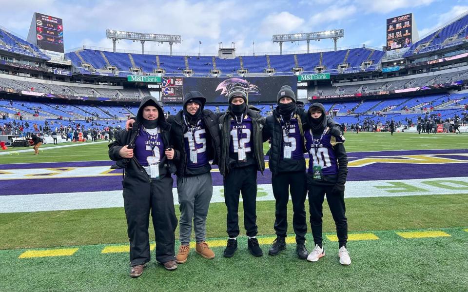 From left, Smithsburg football players Vinny Roncone, Tyler Ward, Ayden Weakfall, Alex Bachtell and Carter Nesbitt competed in the Baltimore Ravens' High School Combine contest prior to the Ravens' NFL playoff game against the Houston Texans on Saturday.